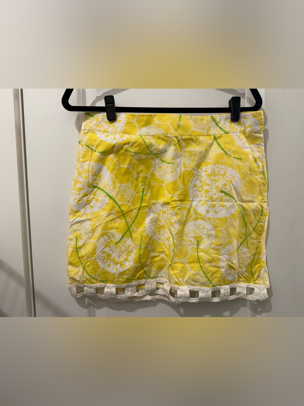 Lilly Pulitzer Yellow Floral Mini Skirt with White Cutout Hem
